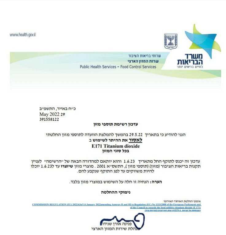 עדכון משרד הבריאות על איסור שימוש בטיטניום דיאוקסיד