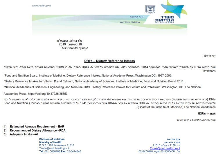 צריכה יומית מומלצת - משרד הבריאות